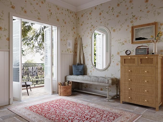Boho Oval Mirror, 24" x 48" White Beaded Tall Farmhouse Mirrors Antique Oval Bathroom, Wooden Rustic Decorative Mirror for Wall, Bedroom, Dining Room, Hallway