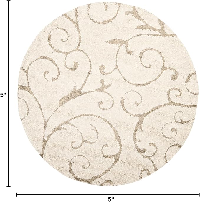 SAFAVIEH Florida Shag Collection Area Rug - 5' Round, Cream & Beige, Scroll Design, Non-Shedding & Easy Care, 1.2-inch Thick Ideal for High Traffic Areas in Living Room, Bedroom (SG455-1113)