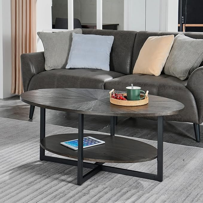 Solid Wood Oval Coffee Table with Cross Metal Legs, 43.3in Modern Industrail Center Table with Open Shelf Cocktail Tea Table for Living Room Bedroom, Rustic Black 1811BK