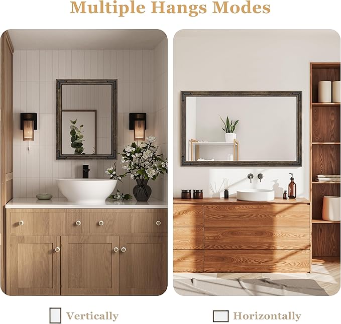 YOSHOOT Farmhouse Bathroom Mirror, Rustic Wood Mirror, Wooden Framed Vanity Mirror, Solid Wood & Handmade, Vertical or Horizontal Hanging for Bathroom Entryway Living Room Bedroom, 40" x 26", Brown