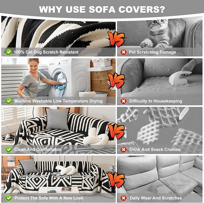 STACYPIK Reversible Boho Couch Cover Ivory Black Futon Armchair Slipcovecrs Anti-Slip Sofa Cover for Dogs Cats Geometric Triangle Couch Cover Versatile Furniture Protector for 2 Cushion Couch-71X90IN