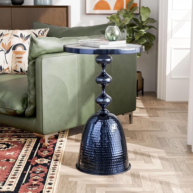 HOMES: Inside + Out Halric Modern 24" Tall Round End Table with Decorated Tabletop and Iron Metal Base, Accent Furniture, Elegant Pedestal Stand for Living Room, Home Office, Chrome Blue