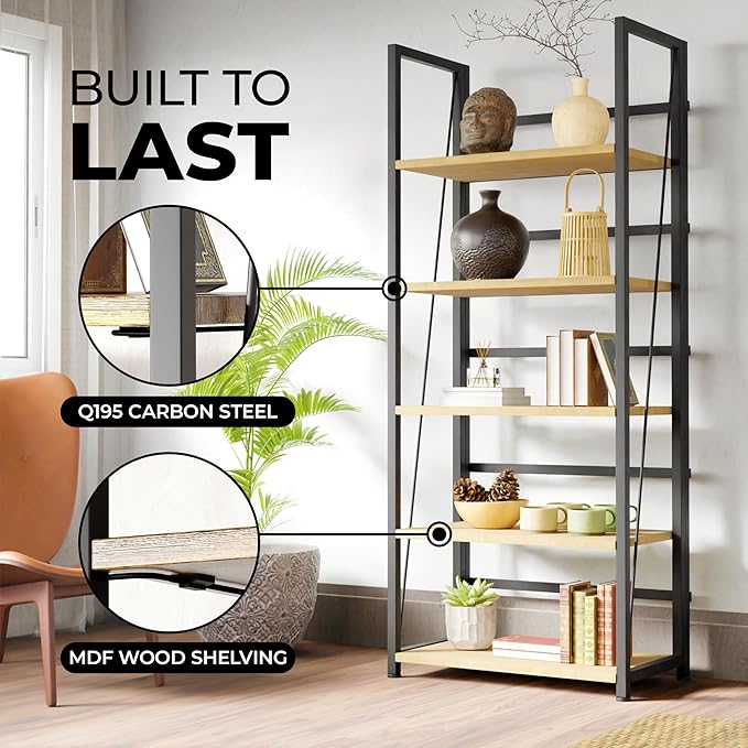 5 Tier Wood Book Shelf Organizer, No Assembly Bookshelf for Bedroom Living Room Office, Rustic Foldable Book Case, Tall Bookshelves, Open Book Shelves, Decorative Folding Shelf Display, Tall Bookcase