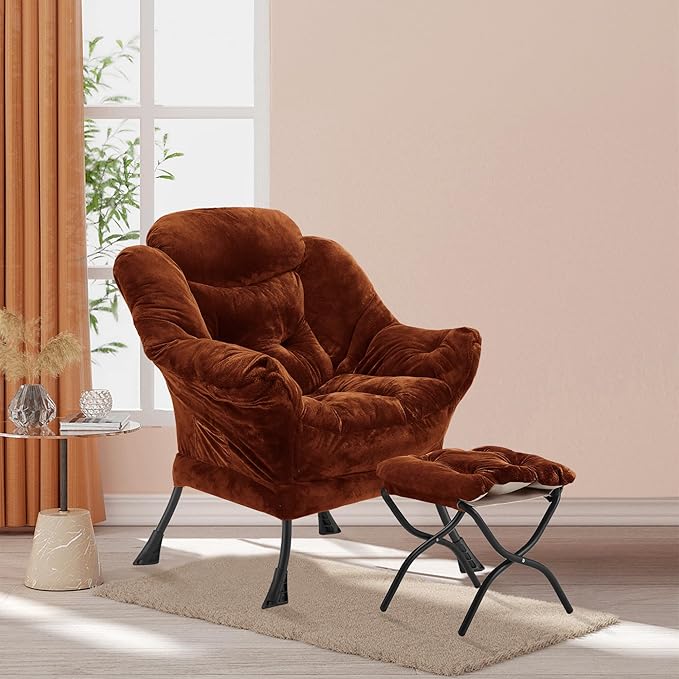 Lazy Chair with Folding Ottoman, Accent Chair Plush Upholstered with Metal Structure and Non-Slip Pads, Sofa Armchair with Footrest and Side Storage Bag for Dorm, Room, Office, Brown