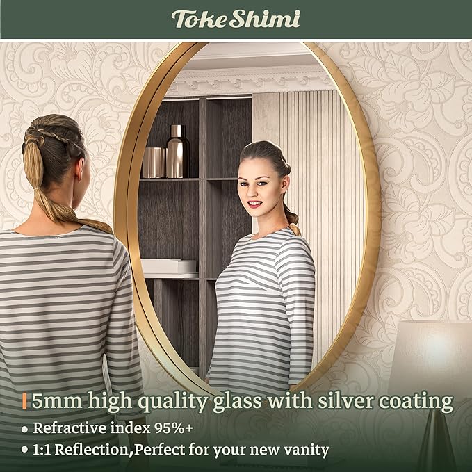 TokeShimi Gold Oval Wall Bathroom Mirror 22x30 Inch with Non-Rusting Aluminum Alloy Brushed Matte Framed Bathroom Mirror for Wall Vanity Farmhouse Modern Minimalist Home Decor or Horizontal