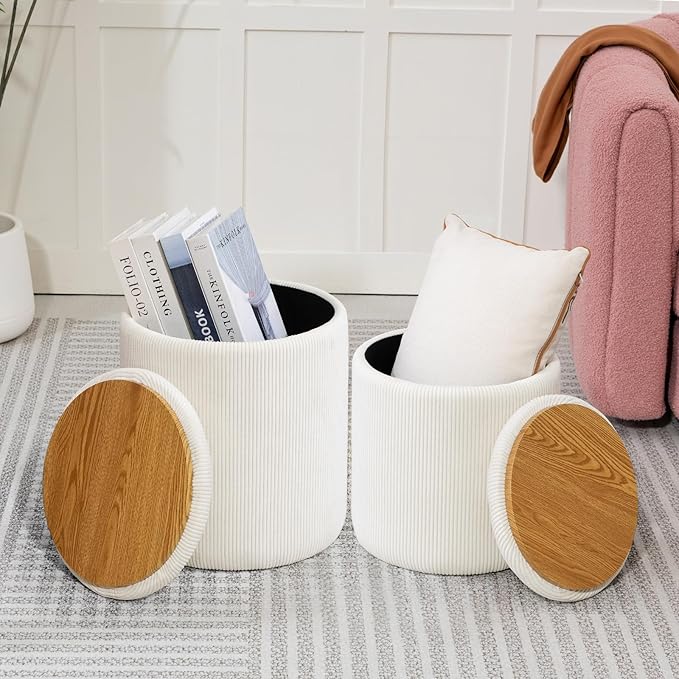 Round Set of 3 Ottoman with Storage-Upholstered Velvet Vanity Stool for Modern Multifunctional Coffee Table Padded Seat Foot Rest for Living Room and Bedroom (White)