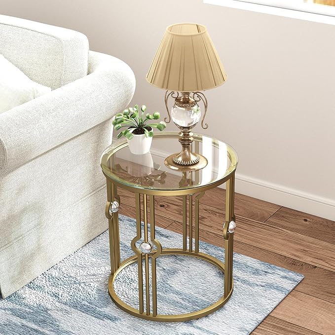 OIOG Glass Side Table Set of 2, Living Room End Table with Tempered Glass & Metal Frame, Gold Side Table for Bedroom Office, 2 PC