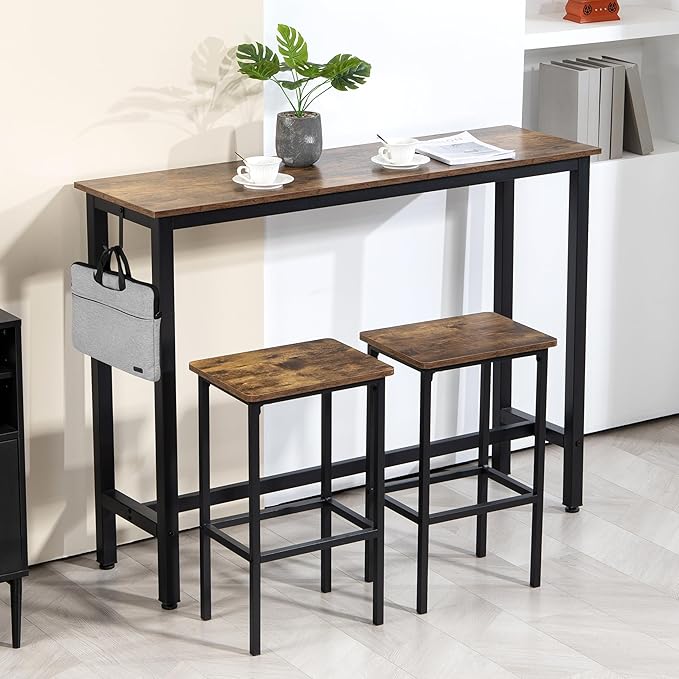 Finnhomy 52.7" Industrial Bar Table Set with 2 Stools - Counter Height Dining & Pub Table for Small Spaces, Kitchen, Apartment, Breakfast Nook - Metal & Wood, Space-Saving Furniture - Rustic Brown