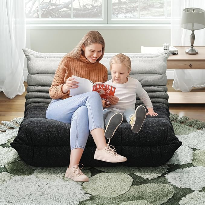 Bean Bag Chairs for Adults, Memory Foam Couch Loveseat Sofa Chair, Soft Teddy Material Cozy Comfy Reading Nook Chairs, Floor Chair for Living Room Bedroom Office(Black-White)