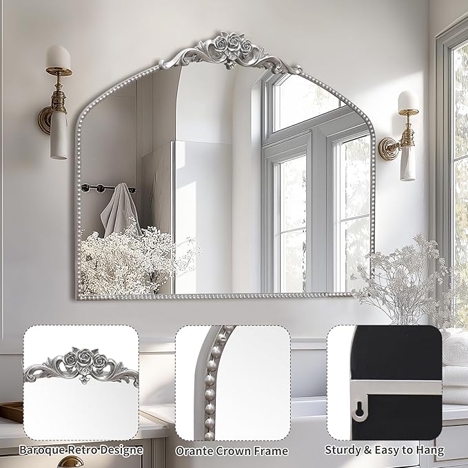AIXI HOME Silver Arched Mirror, 40" x 30" Traditional Vintage Antique Mantel Mirror with Ornate Metal Frame, Baroque Wall Mounted Mirror for Entryway/Fireplace/Hallway/Bathroom/Living Room/Bedroom