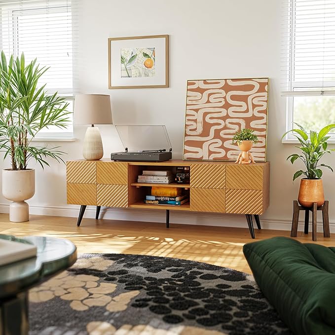 Bme Rhombus Wooden TV Stand with Storage Cabinets – Solid Acacia Wood, Geometric Rhombus Pattern Doors, Scandinavian Modern Entertainment Console with Metal Base