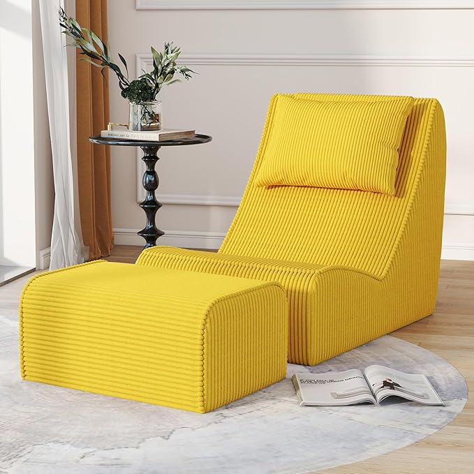 Giant Bean Bag Chair for Adults,Corduroy Chaise Lounge with Unrivaled Back Support, Detachable Neck Pillow, Comfortable Ottoman & Washable Cover for Living Room, Bedroom, Garden (Corn Yellow)