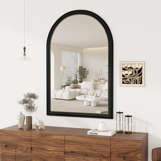 Axeman 32x48 Arched Wall Mirror, Decorative Bathroom Mirror, Traditional Vintage Wall Mounted Mirror with Beaded Frame for Accent Living Room Vanity Bedroom Entryway, Black