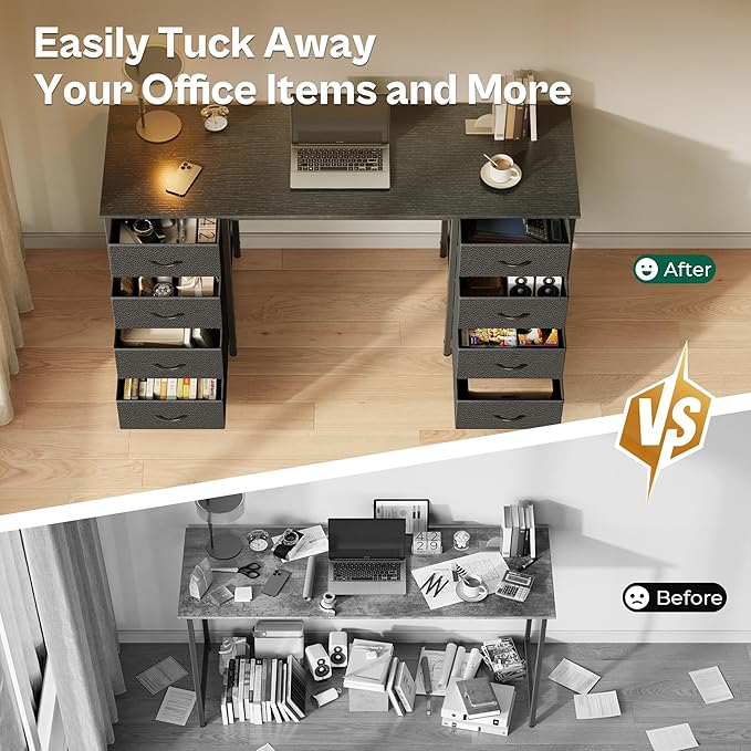 Huuger 47 Inch Computer Desk with 8 Fabric Drawers, Office Desk Work Desk for Home Office, Study, Gaming Desk with Drawers, Large Storage, Black