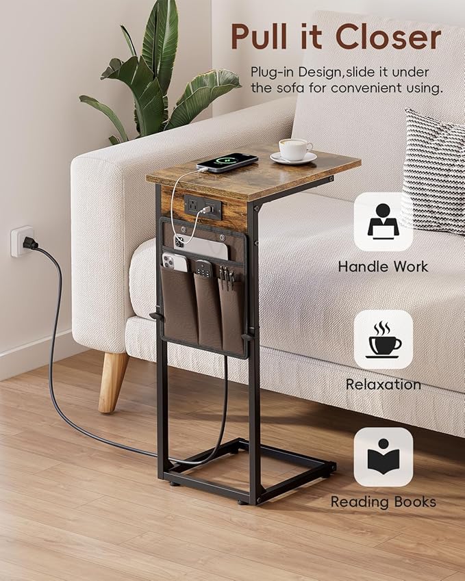 Vagusicc C Shaped End Table with Charging Station, Adjustable Height Side Table for Couch, Small Sofa Table with Storage Bag, Slide Under Sofa TV Tray Snack Arm Tables for Living Room, Bedroom, Brown
