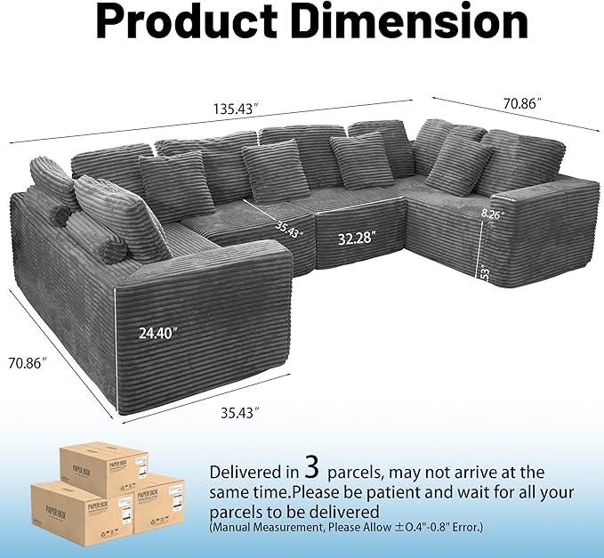KEIKI 135" U Shape Sectional Sofa,6-Seater Modular Couch with Striped Corduroy Fabric for Living Room,Customizable Design