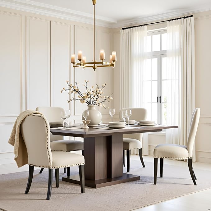 Alaterre Furniture Savoy Upholstered Dining Chairs – Set of 2 Parsons Style Accent Chairs with Cream Linen Fabric, Nailhead Trim, and Dark Stained Legs – for Dining Room, Desk, or Sitting Area