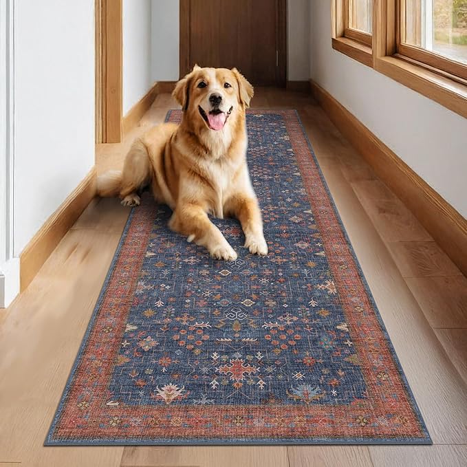 Washable 12 ft Long Runner for Kitchen Floor - Navy Blue Hallway Runner Rug, Pet Friendly Waterproof Non Slip with Rubber Backing, Stain Resistant Laundry Room Rug (3x12 Navy Blue & Terracotta)