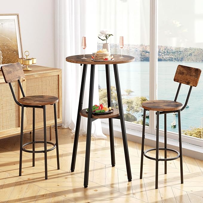 HOOBRO 3 Pieces Round Bar Height Table and Chairs Set, Round Dining Table Set, Pub Table and Chairs for Small Space, 2 Tier Kitchen Table and Bar Stools with Back, Rustic Brown BF35BT01