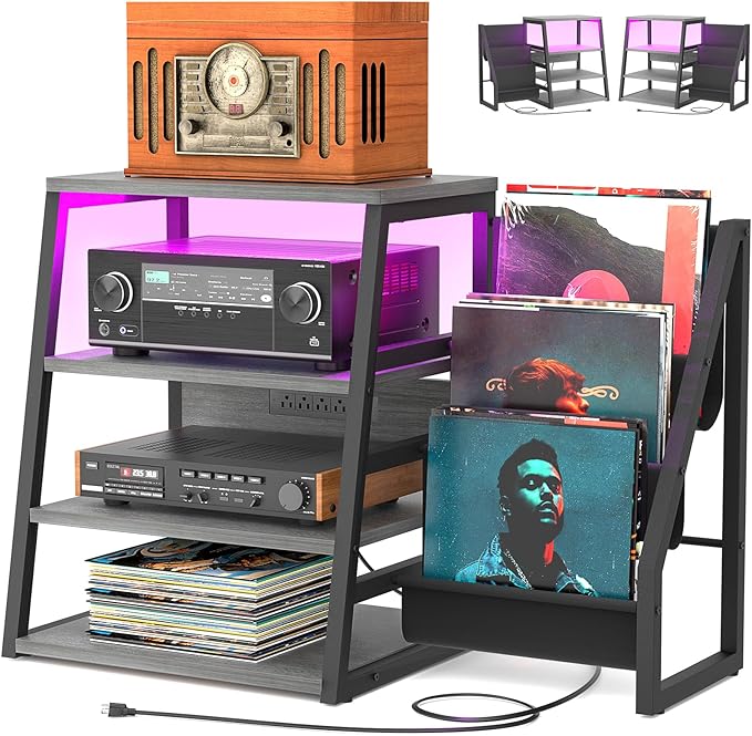 AV Media Stand with Outlets, Stereo Stands and Racks with Vinyl Storage, Stereo Stand with Record Storage, Audio Stereo Rack Cabinet, Turntable Console Stand with LED lights, 4 Tiers, Walnut Grey