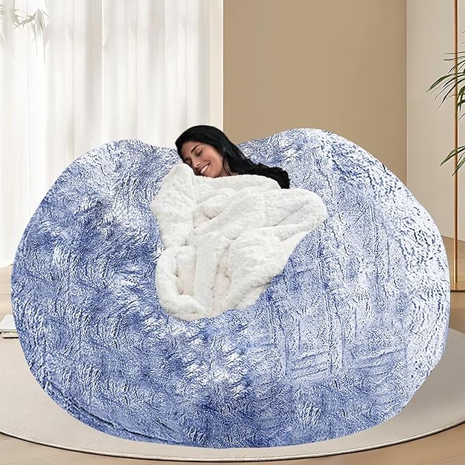 BCU Oversized Bean Bag Cover Comfy Beanbag Chair for Adults Without Filler Faux Fur Floor Chair Lazy Sofa Cover Comfy for Living Room Chairs, Silver Blue, 5FT