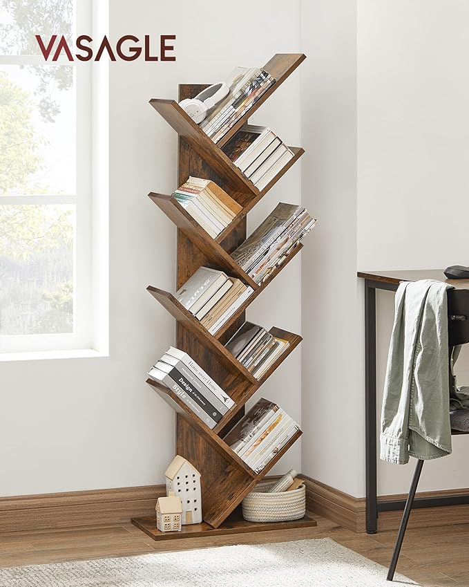 VASAGLE Bookshelf, Tree-Shaped Bookcase with 13 Storage Shelves, Rounded Corners & 9-Tier Floor Standing Tree Bookshelf, with Shelves for Living Room, Home Office, Rustic Brown ULBC11BX