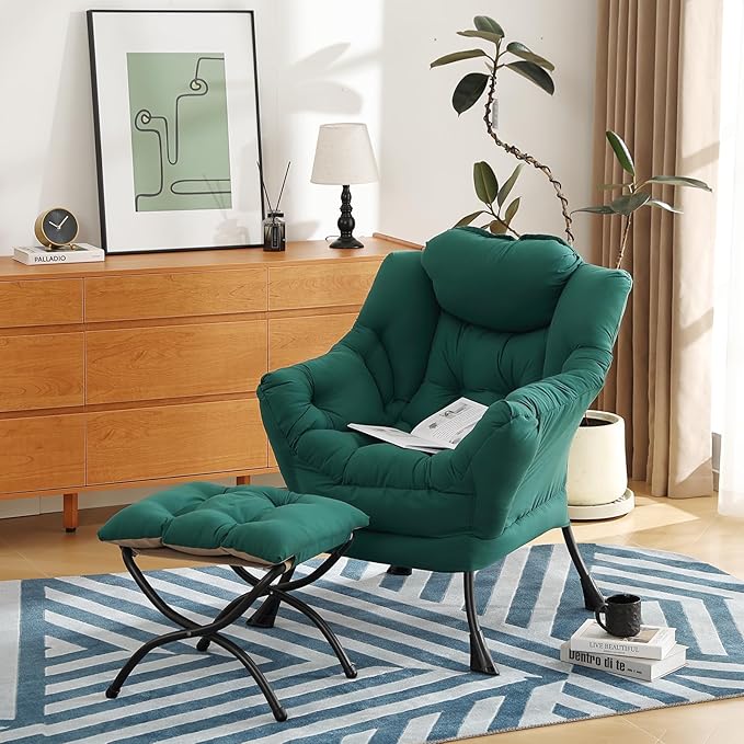 Modern Lazy Chair with Folding Footrest, Lounge Accent Reading Chair (Dark Green)