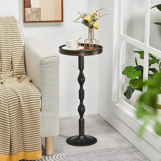 Small Round Drink Table,Pedestal Tables,Small Round Side Table for Narrow Spaces,End Table for Living Room, Bedroom, Bathroom,Balcony (Rustic Brown)