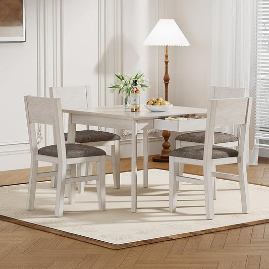 5-Piece Square Dining Table Set for 4, 38.2'' Solid Wood Kitchen Table with 4 Upholstered Chairs & 2 Drawers for Dining Room, Kitchen, Small Space, Washed Gray