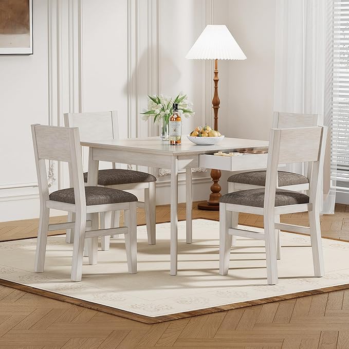 Solid Wood Dining Chairs Set of 4, Farmhouse Kitchen Chairs with Upholstered Cushion, Easy Assembly for Dining Room, Kitchen, Washed Gray