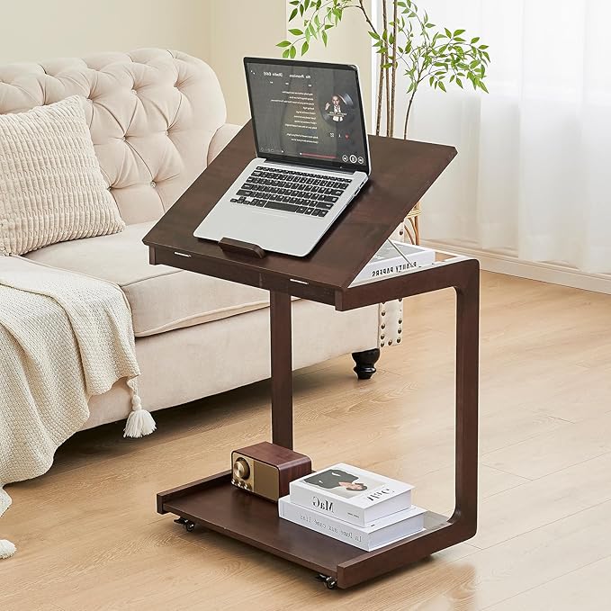 CozyDH Adjustable C Shaped End Table, Rolling Side Table Solid Wood TV Sofa Tray Table for Couch Arm Eating Multi-Purpose, Small Coffee Table with Wheels Living Room Bedroom, Dark Walnut