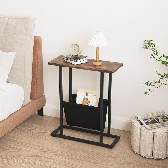 Yusong Small Narrow Side Table for Small Spaces, 17.7" W Slim End Table Magazine Table Nightstand with Storage Holder, Accent Skinny Snack Couch Bedside Table, Rustic Brown, Complete Iron Pipes