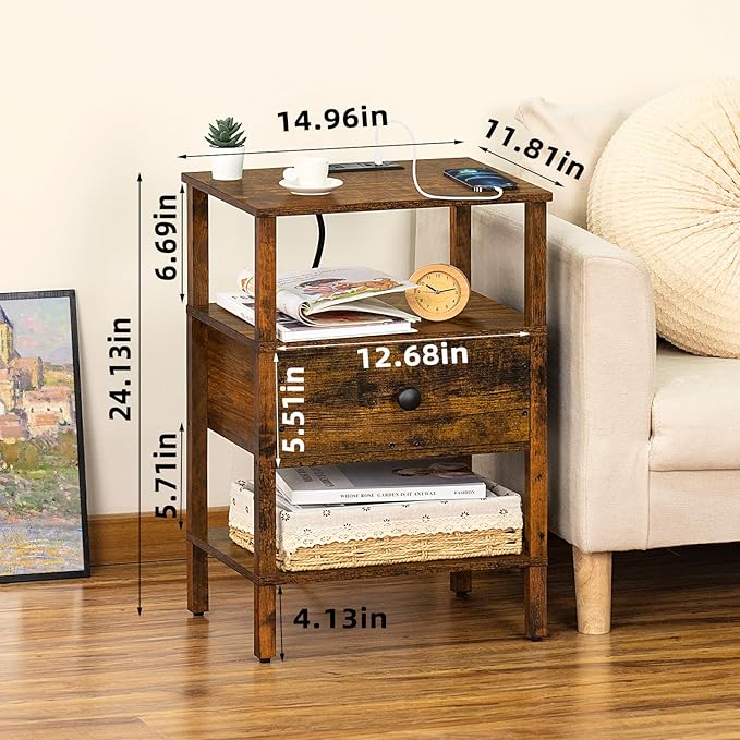 Lerliuo Nightstand with Charging Station and USB Ports, 3-Tier Storage End Table with Drawer Shelf, Night Stand for Small Spaces, Wood Bedside Table for Living Room, Bedroom - Retro Brown…