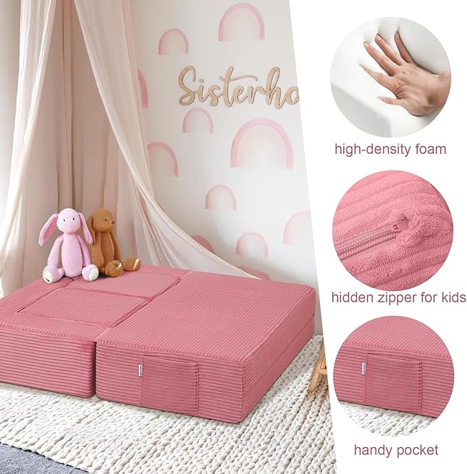 MeMoreCool Modular Kids Couch, Corduroy Play Toddler Couch for Bedroom Playroom Furniture, Convertible Foam Kids Sofa Bed, Fold Out Baby Sofa for Girl Boy, Pink