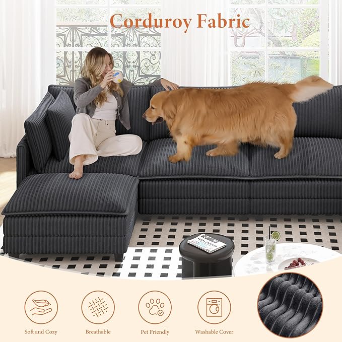 Vesgantti 143" U Shaped Sectional Modular Couch, Comfy Corduroy Upholstered Modular Cloud Sofas for Living Room, Modern Sectional Sofa with 2 Ottoman Deep Seat, Dark Grey