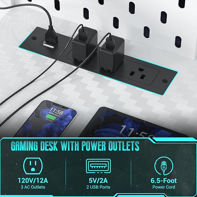 Gaming Desk with Hutch and LED Lights, Gaming Computer Desk with Power Outlets, Gamer Desk with Storage Shelves, PC Game Desk with Pegboards for Bedroom, Carbon Fiber White, 49"