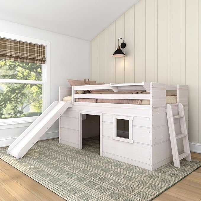 Max & Lily Loft Bed Twin Size, Solid Wood Low Loft Bed with Slide and Ladder, Modern Farmhouse Loft Bed for Kids, White Wash