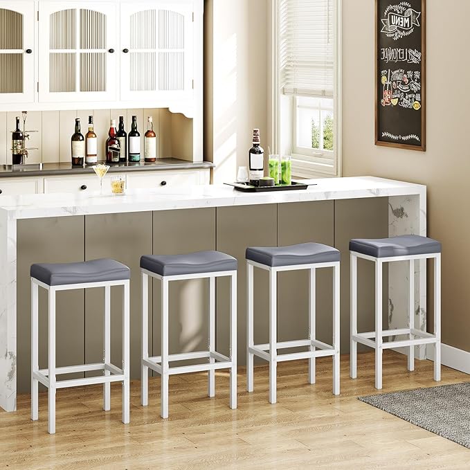 HOOBRO Bar Stools, Set of 2 Counter Height Saddle Chairs, 24.8 Inches, 2.4" Thick Upholstery, White and Gray WG10BY01