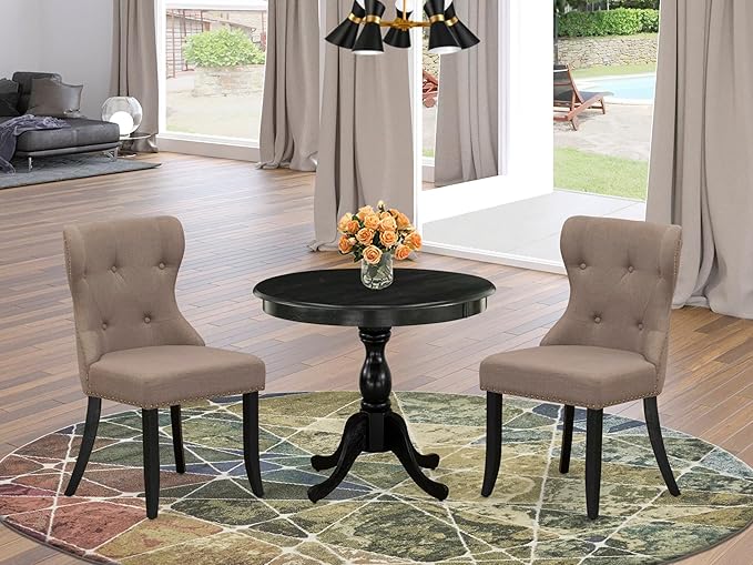 East West Furniture AMSI3-ABK-48 3 Piece Modern Dining Table Set Contains a Round Kitchen Table with Pedestal and 2 Coffee Linen Fabric Parsons Dining Chairs, 36x36 Inch, Wirebrushed Black