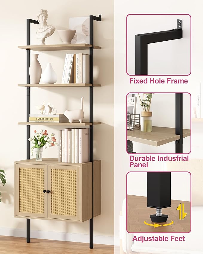 Yusong 73" Tall Bookshelf with Cabinet, Industrial Ladder Wall Mount Shelf Rattan Bookcase with Wood and Metal Frame, Plant Shelf Wall Storage Display for Living Room Bedroom,Light Ivory Brown