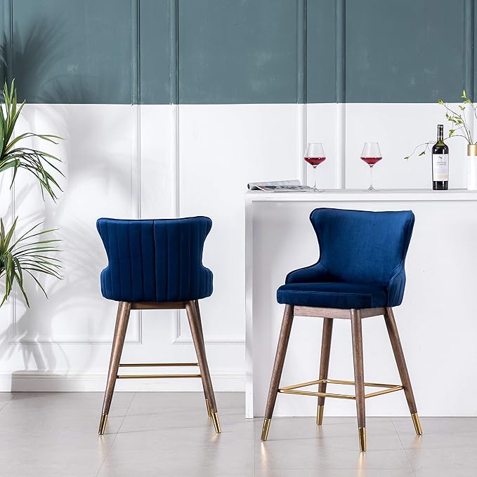 Roundhill Furniture Leland Fabric Upholstered Counter Height Wingback Stools, Set of 2, Blue