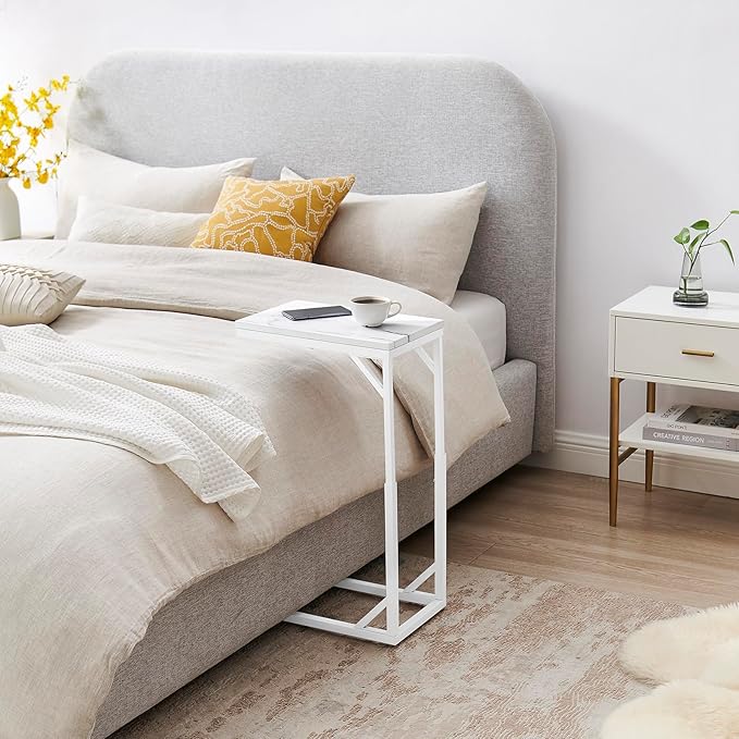 C-Shaped End Table, Small Sofa Table with Metal Frame, Adjustable Height Side Table for Couch, Living Room, Bedroom, Bedside (White, Small)