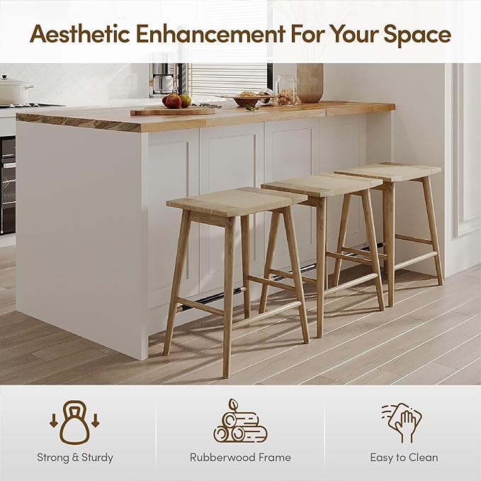 Thor Wicker Counter Height Wooden Counter Stool with Hand-Knitted Rope, K/D, Backless Island 24" Wicker Stool for Kitchen, Solid Wood, Eco-Friendly, Modern Design (Light Brown)