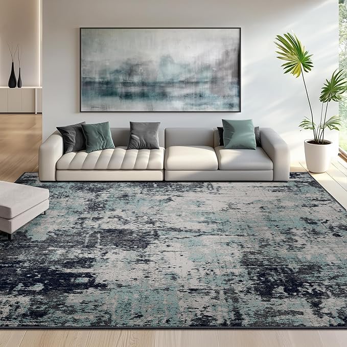 Washable Area Rugs 6'x9' Non-Slip Modern Abstract Soft for Living Room Entryway Bedroom Nursery, Print Pattern, Blue Black Teal
