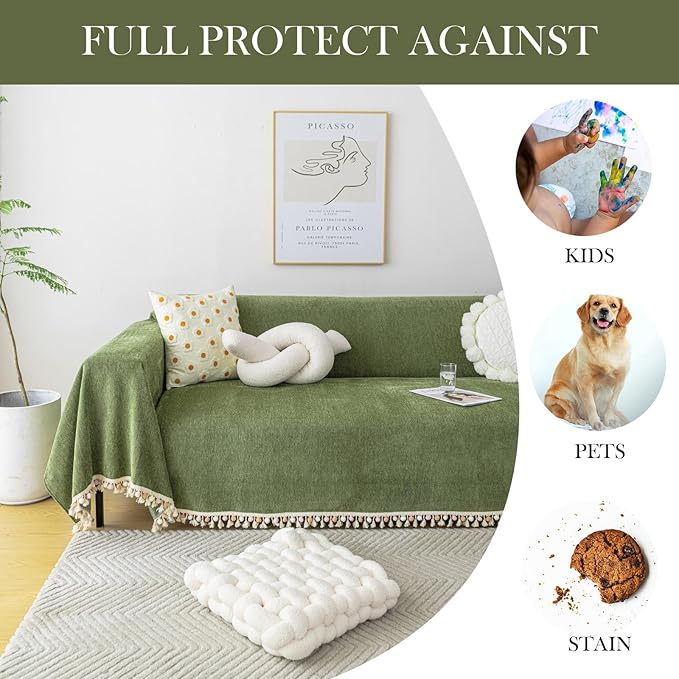 HANDONTIME Green Sofa Cover Vintage Couch Cover for Dogs 91" X150" Couch Cushion Covers with Tassel Herringbone Sofa Cover Boho Sofa Covers for 3 Cushion Couch Chenille Soft Loveseat Sofa Covers