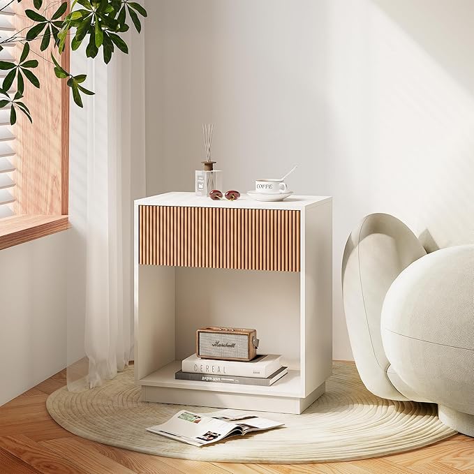 Fluted Nightstands Set of 2, Modern Bedside Table with Drawer and Storage Shelf, Wood End Table Mid Century Night Stands for Bedroom Living Room Sofa Couch Office (White+Oak)