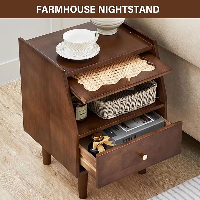 CozyDH Rattan Farmhouse Nightstand with Drawer, Solid Wood Nightstand, 21" Bedside Table for Bedroom Sofa Side, Wooden End Tables Living Room, Walnut