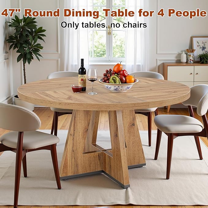 Round Dining Table for 4, 47 Inch Dinner Table Farmhouse Wooden Circle Kitchen Tables with Cross Base for Dining Room, Kitchen, Living Room, Retro Brown