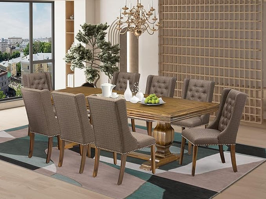 NKFO9-AWA-18-9-Piece Kitchen Set Consists of a Dinner Table and 8 Brown Linen Fabric Kitchen Chairs with Button Tufted Chair Back - Antique Walnut Finish.