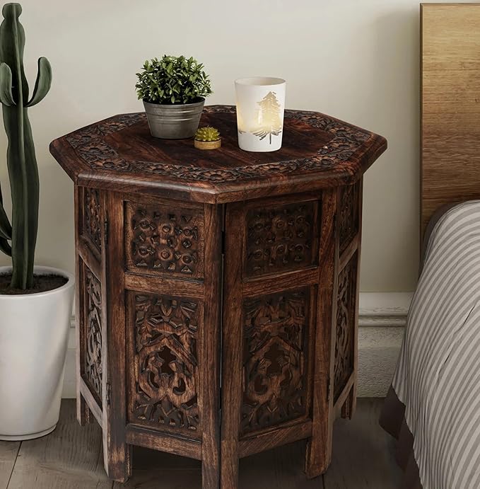 The Wooden Town End Tables for Living Room– Hand Carved Vintage Boho Folding Side Tables for Small Spaces, Entryway, Living Room, Bedroom – No Tools Assembly, 18"x18" Octagon, Scorch Burnt Finish